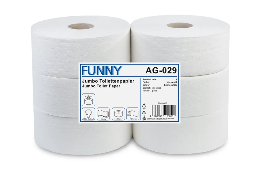 Jumbo-Toilettenpapier, 3-lagig, Zellstoff weiß, Ø 24 cm, 6 Rollen