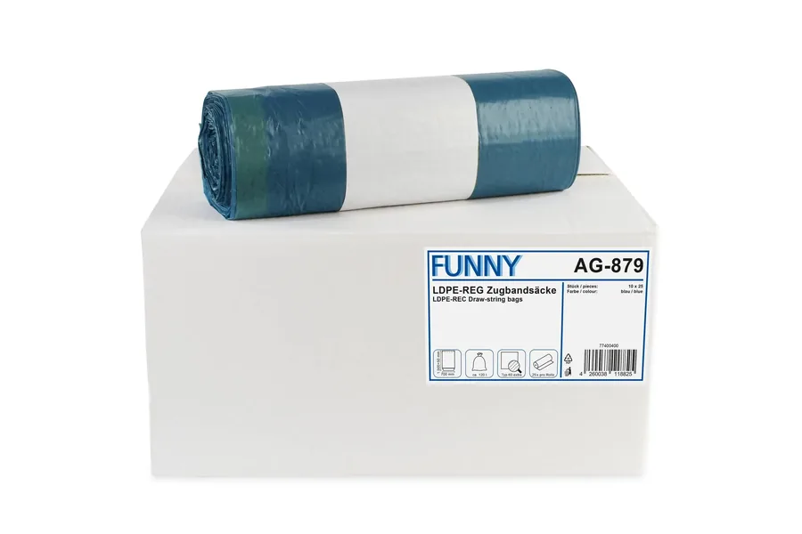 LDPE-Regenerat Zugbandsäcke, blau, Typ 60 extra, 120 l, 700 x 1.000+50 mm, 250 Stück